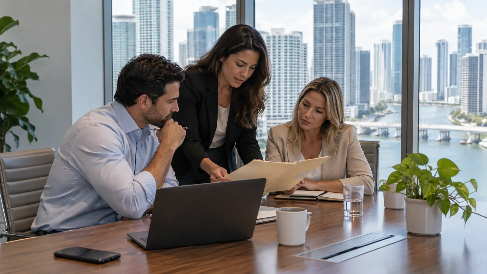 Business funding in Florida: a project discussion in an office overlooking Brickell