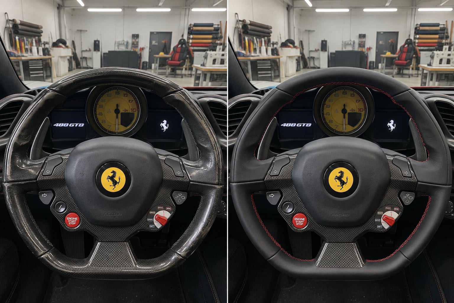 Ferrari 488 · black leather. A worn wheel rim is reimagined with fresh leather and restrained contrast stitching. AI design visualisations · Illustrative examples, not completed client projects.