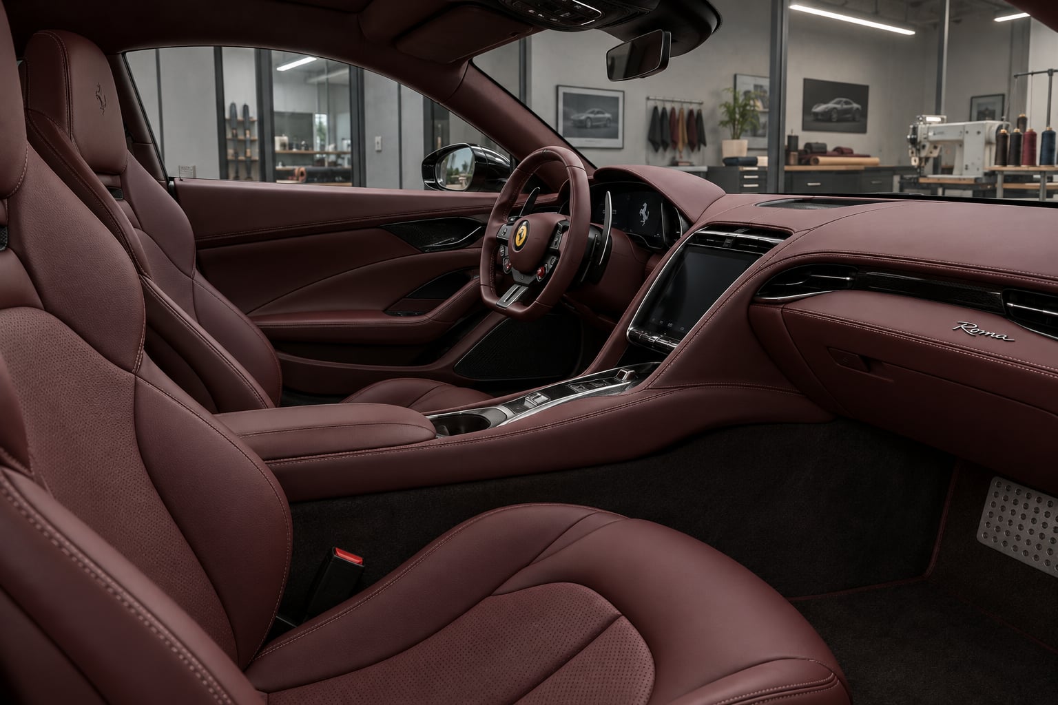 AI concept of a Ferrari Roma burgundy leather interior in an enclosed upholstery workshop