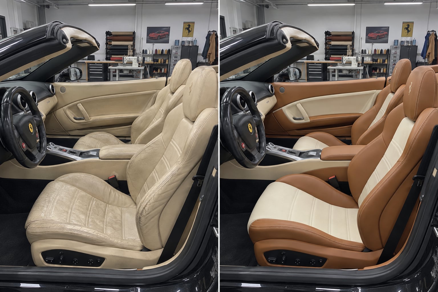 Ferrari California · sand & cream. A dark open-top cabin is visualised with sand bolsters and cream centre panels. AI design visualisations · Illustrative examples, not completed client projects.