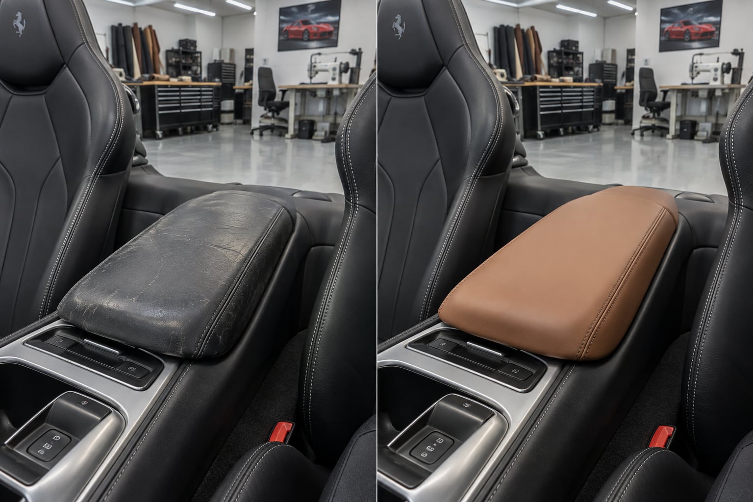 Ferrari Portofino · leather details. A scuffed armrest is visualised in smooth charcoal leather with a defined seam. AI design visualisations · Illustrative examples, not completed client projects.