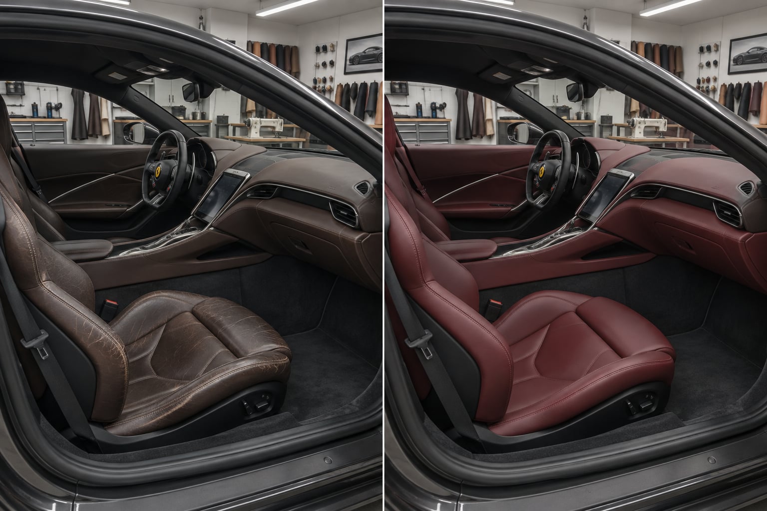 Ferrari Roma · deep burgundy. A pale coupe interior gains a deep burgundy leather colour scheme. AI design visualisations · Illustrative examples, not completed client projects.