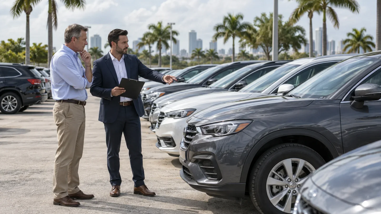 A fleet owner and adviser discussing vehicles in Miami