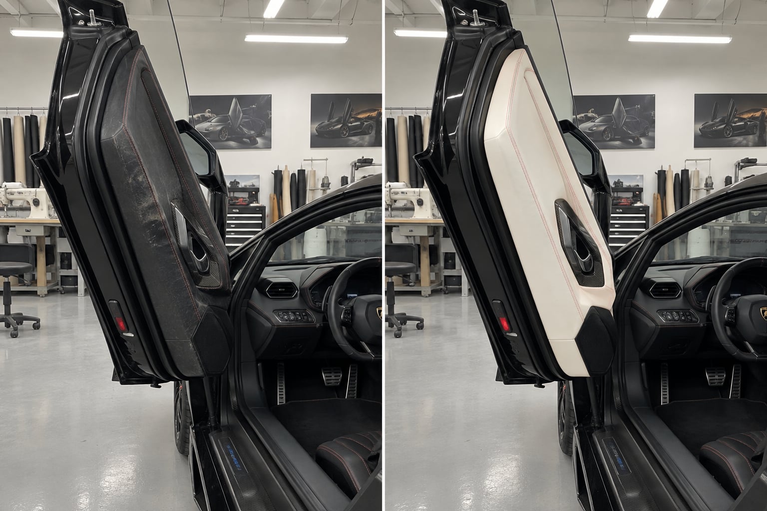 Lamborghini Aventador · ivory inserts. Tired fabric door inserts are visualised in ivory leather with matching armrests. AI design visualisations · Illustrative examples, not completed client projects.