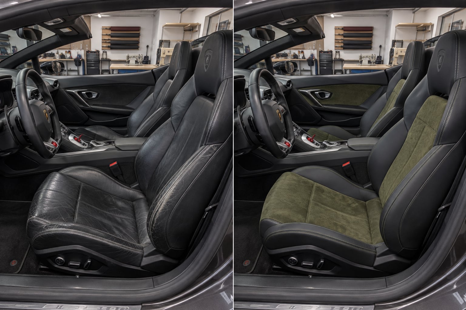 Lamborghini Huracán · olive & black. A black seat is explored with muted olive suede-like centre inserts. AI design visualisations · Illustrative examples, not completed client projects.