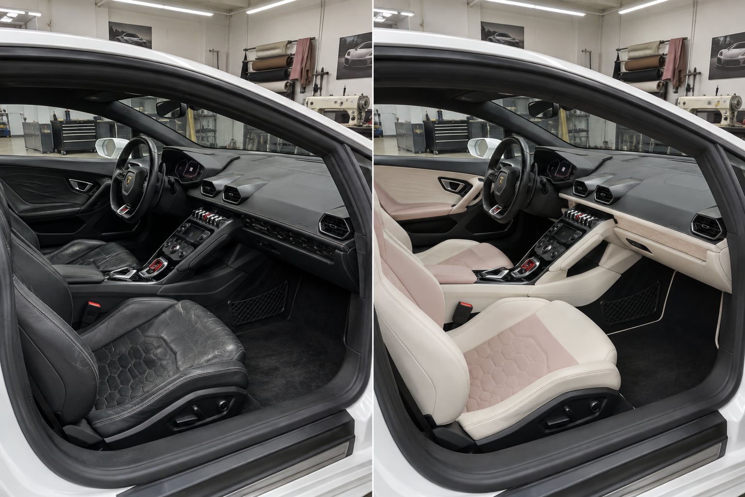 Lamborghini Huracán · ivory & rose. A dark sports-car cabin is visualised in ivory leather with soft rose inserts. AI design visualisations · Illustrative examples, not completed client projects.