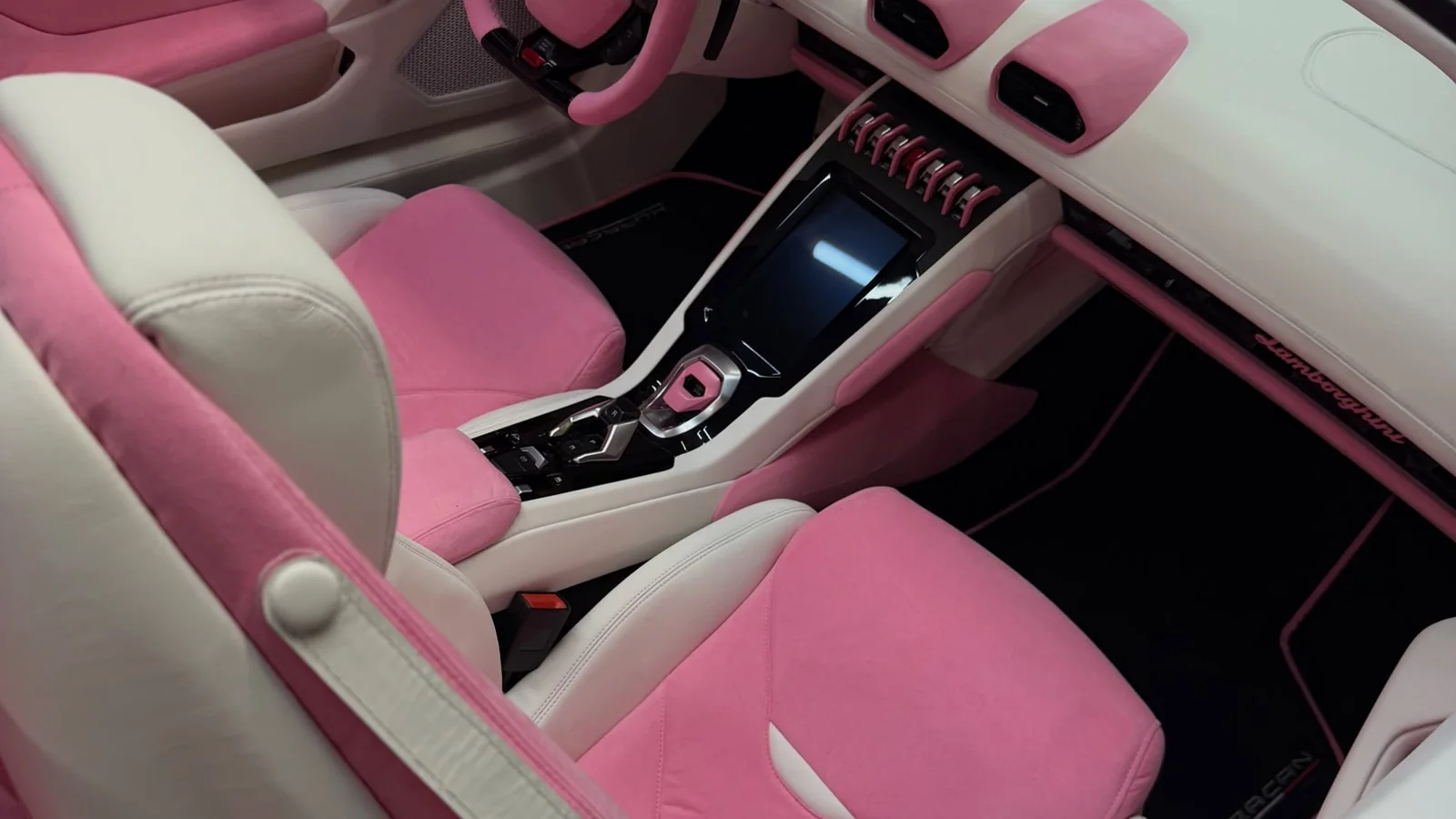 White and pink Lamborghini Huracan interior with leather and Alcantara surfaces