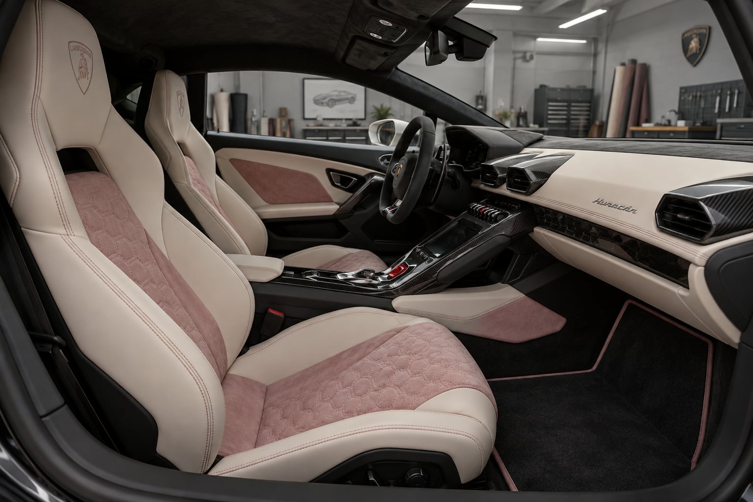 AI concept of a Lamborghini Huracan ivory and rose leather interior in an enclosed upholstery workshop