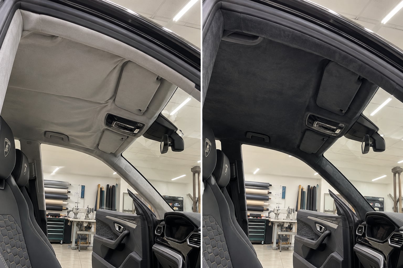 Lamborghini Urus · charcoal finish. A tired light headliner is visualised in charcoal suede-like upholstery. AI design visualisations · Illustrative examples, not completed client projects.
