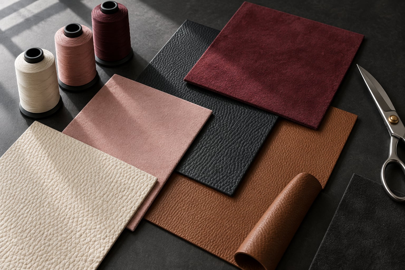 leather and Alcantara swatches in ivory, rose, cognac and black