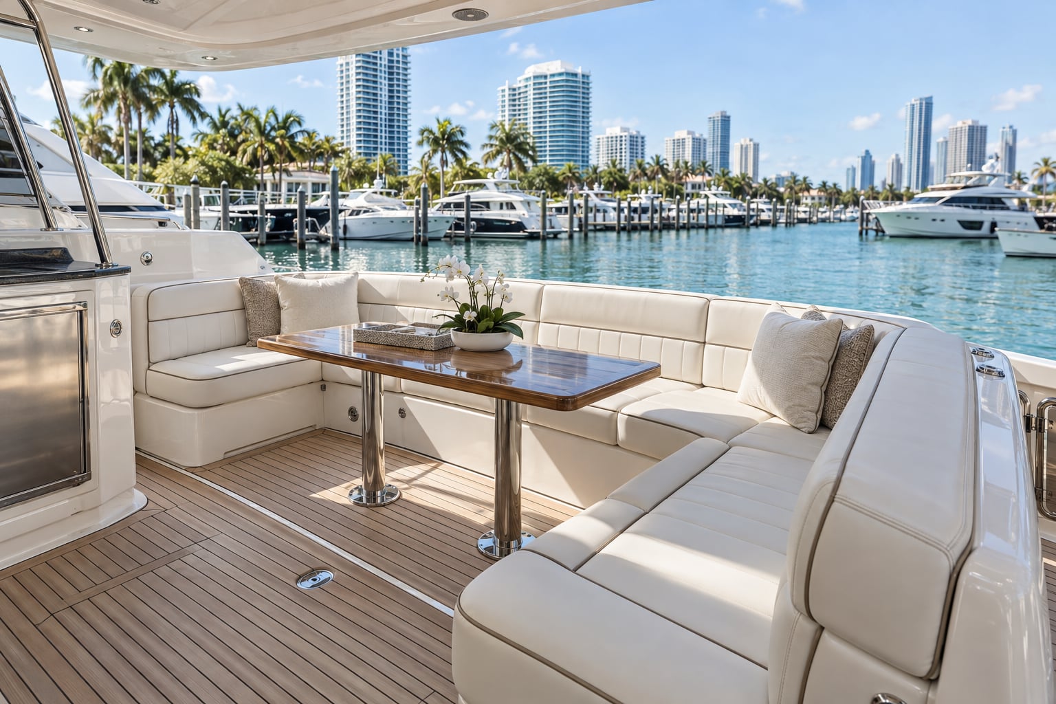 AI concept of ivory yacht cockpit upholstery at a Miami marina with palm trees and Biscayne Bay waterfront towers