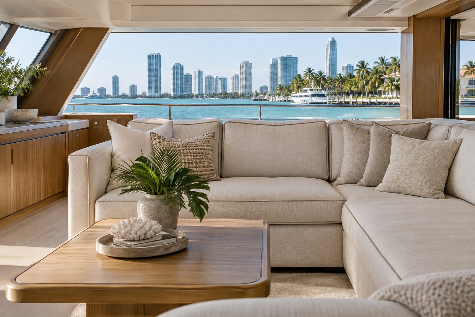 ivory yacht salon upholstery with Biscayne Bay and the Miami skyline through the windows