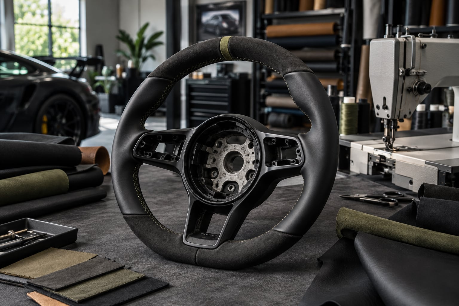 Black suede-like steering wheel trim and upholstery material on a workbench