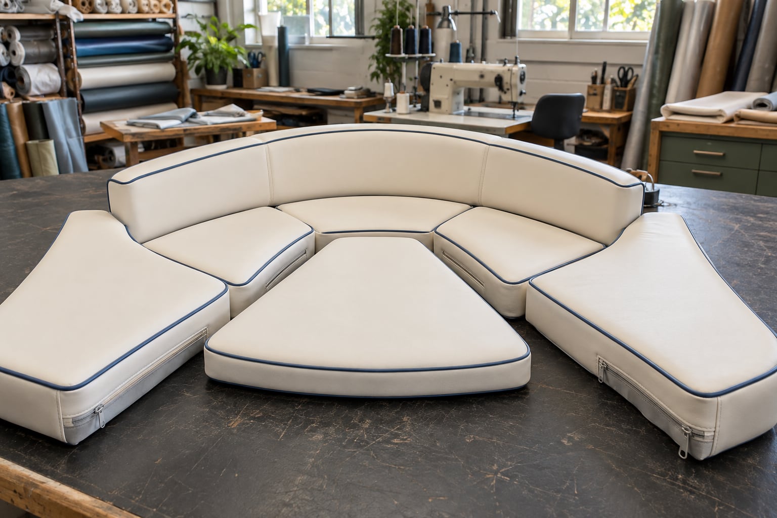 Ivory marine cushions with navy piping arranged on an upholstery bench