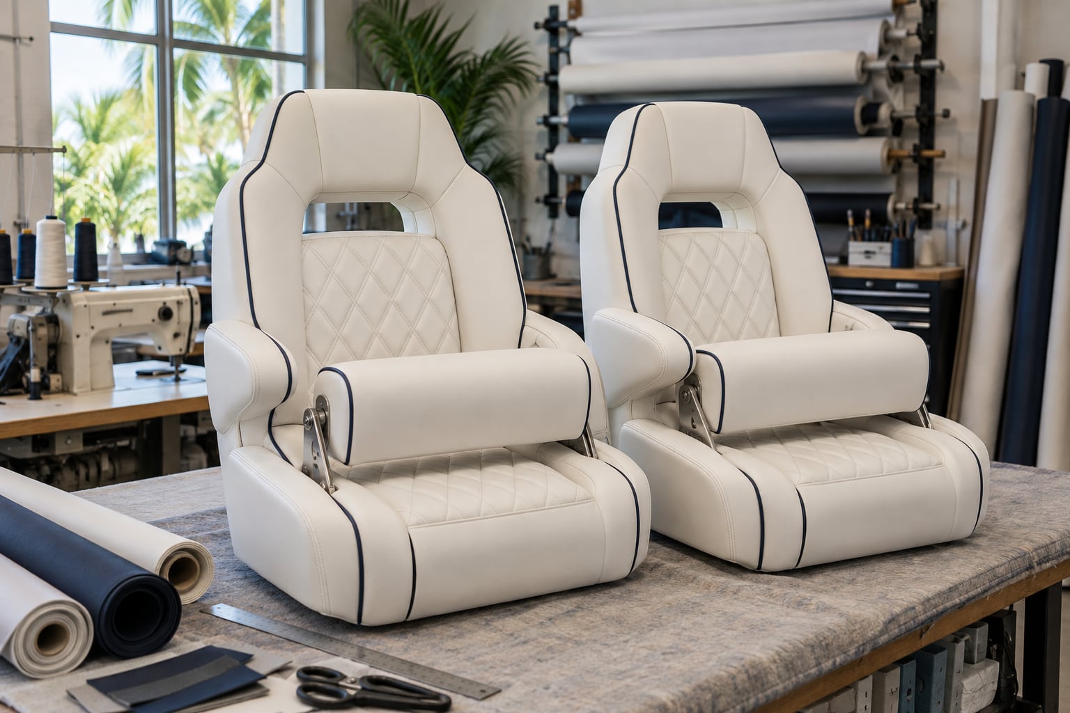 Ivory and navy boat helm seats with shaped bolsters and contrast piping