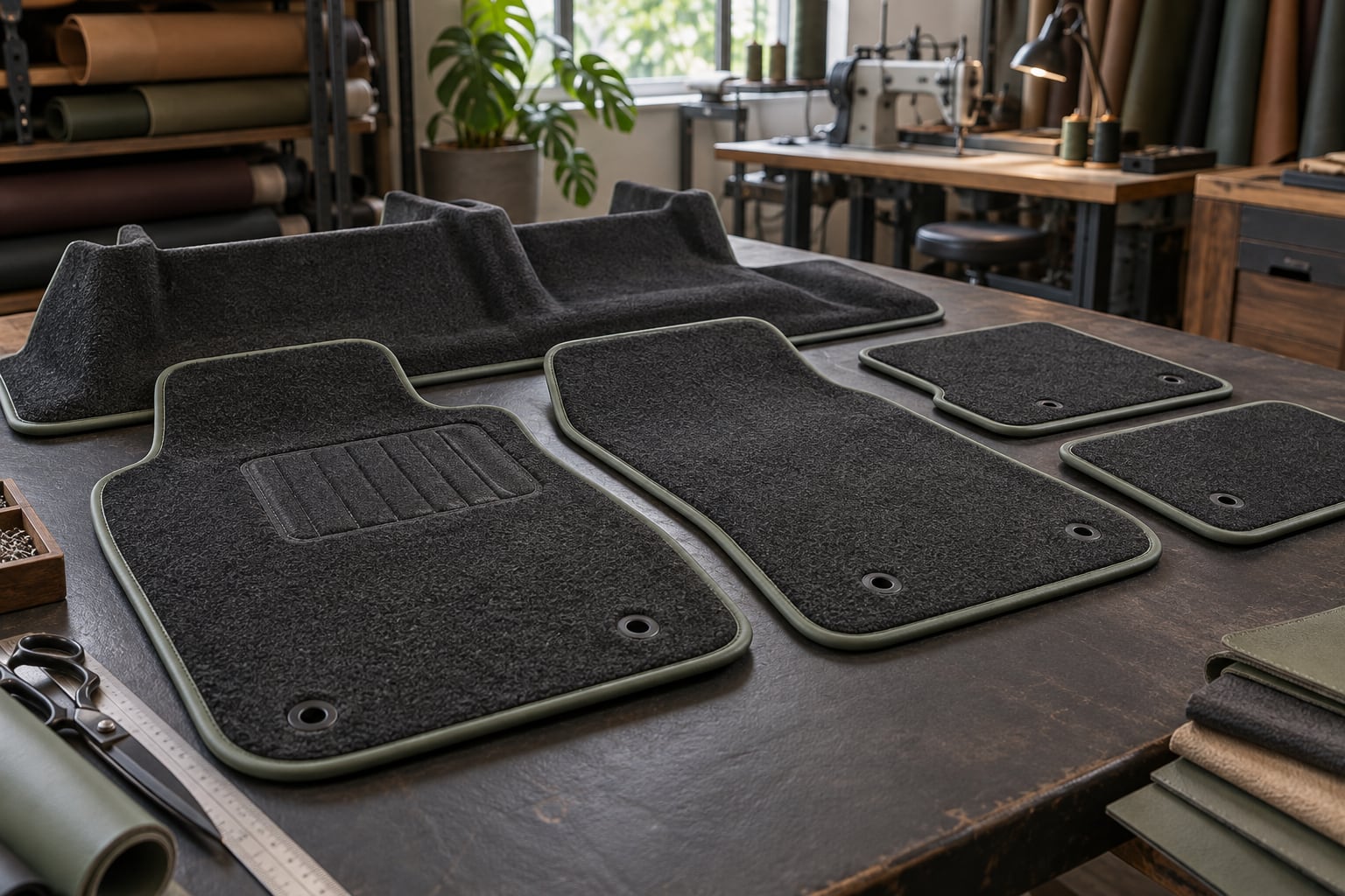 Tailored automotive carpet and bound floor mats in a workshop