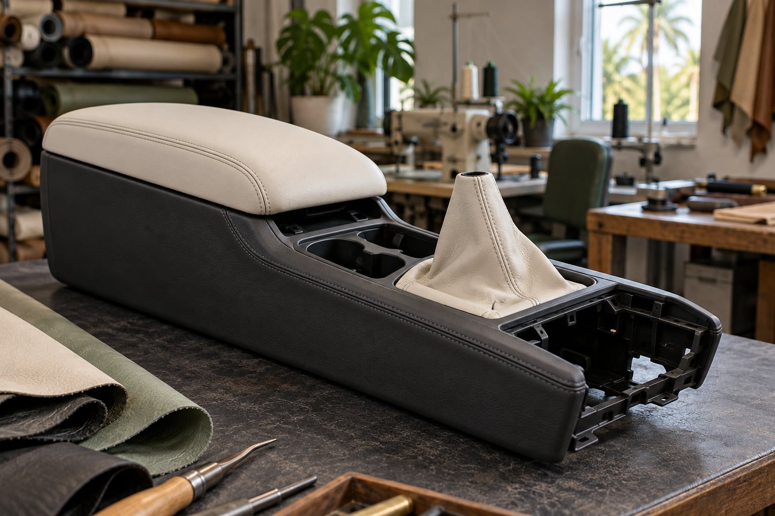 Leather centre-console lid with stitched edges and fitted trim