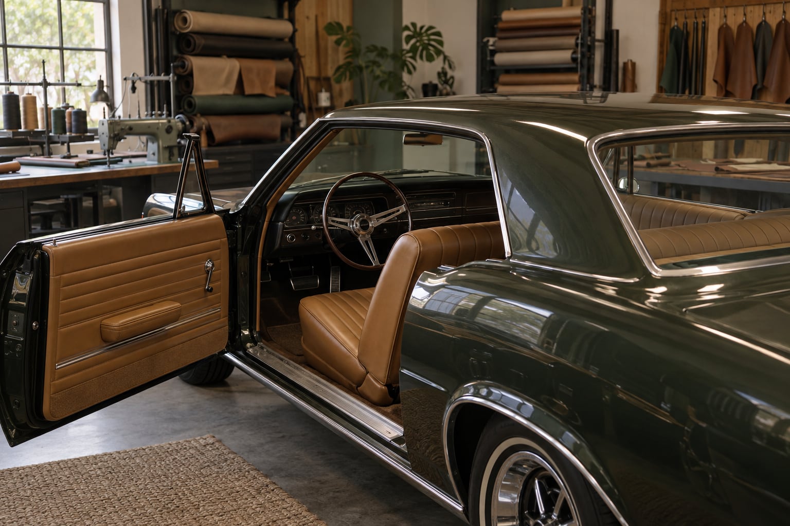 Classic car cabin with cognac seating and coordinated door upholstery