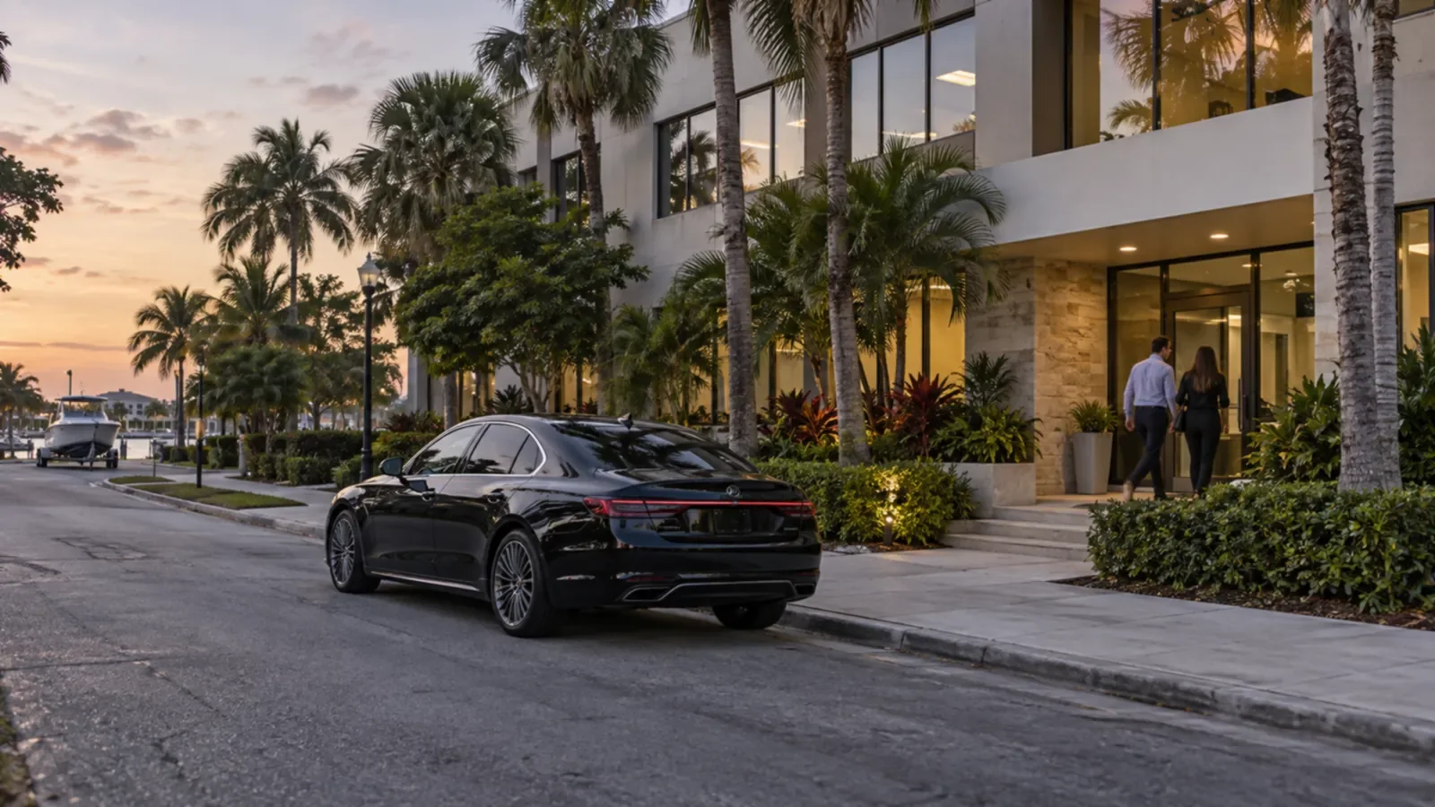 Motenza Couture partners in Hollywood, FL: a sedan and boat trailer on a neighbourhood street