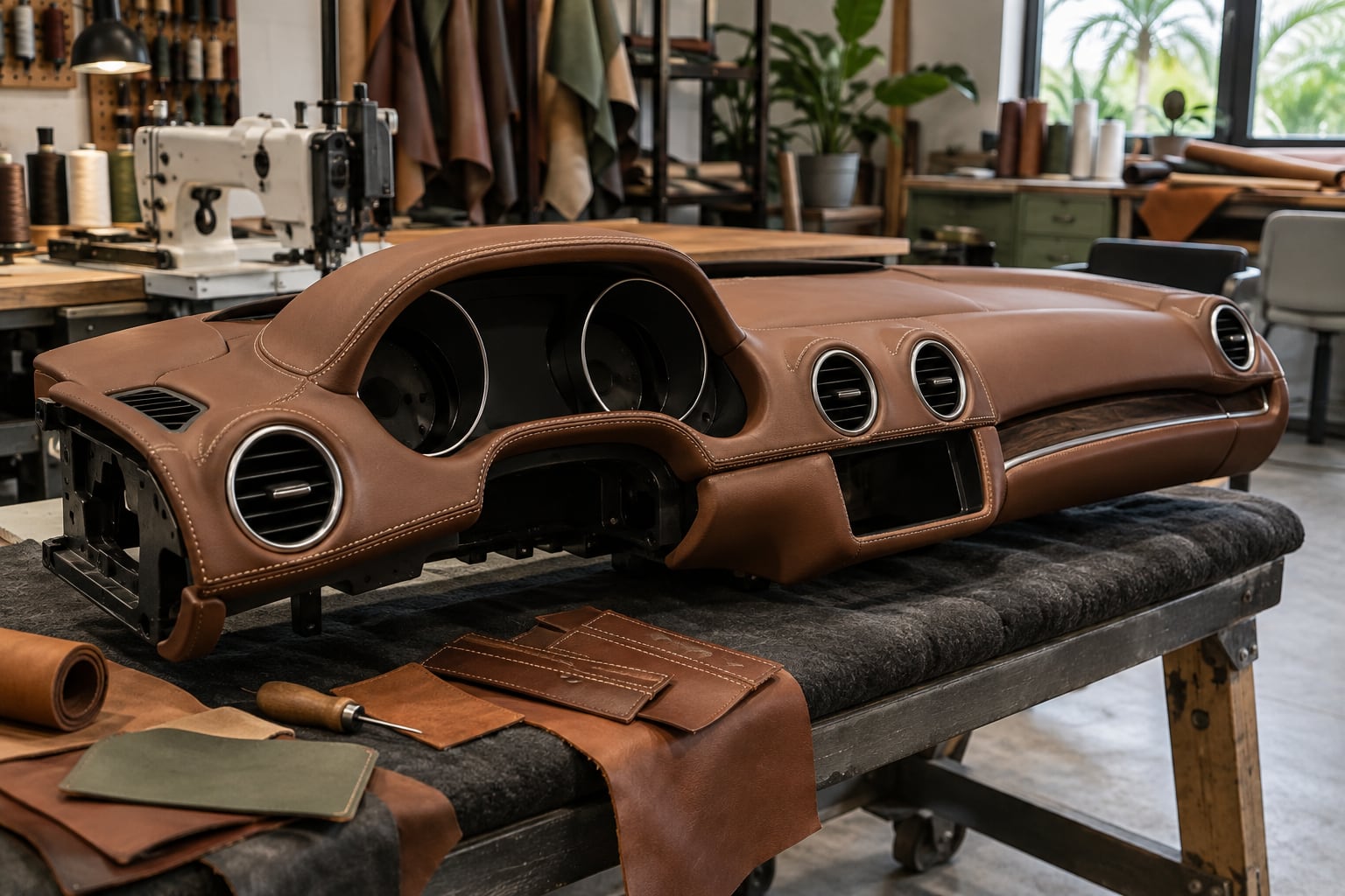 Leather-wrapped dashboard panel with curved seams on a workshop bench