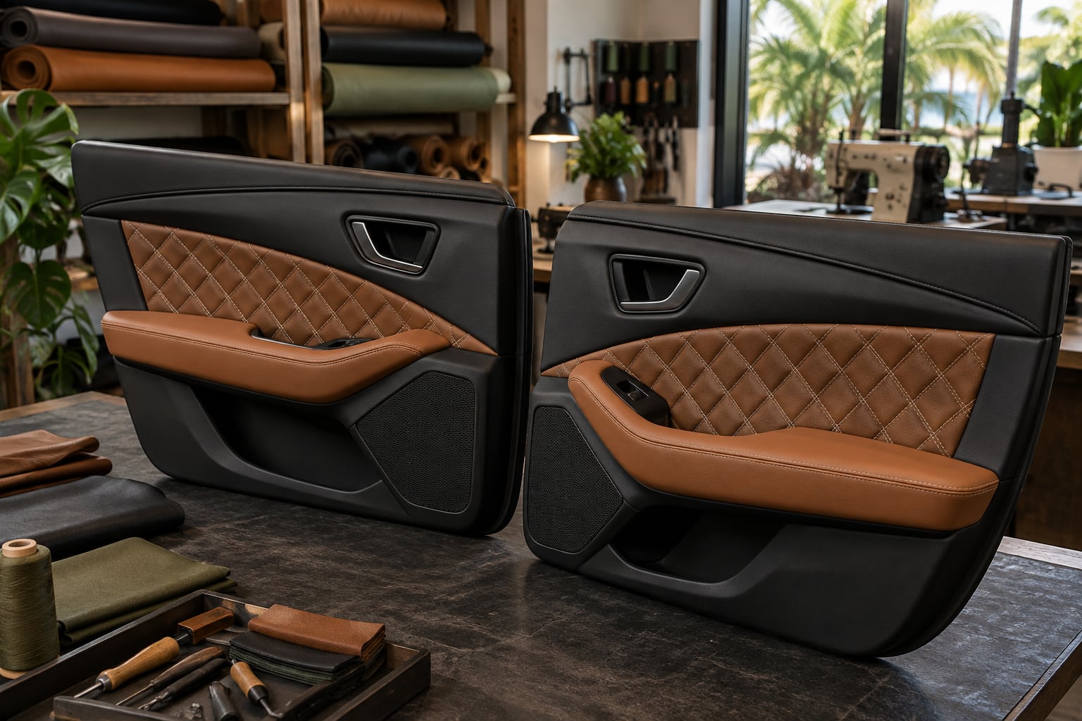 Contrasting leather door inserts and armrests prepared for upholstery work