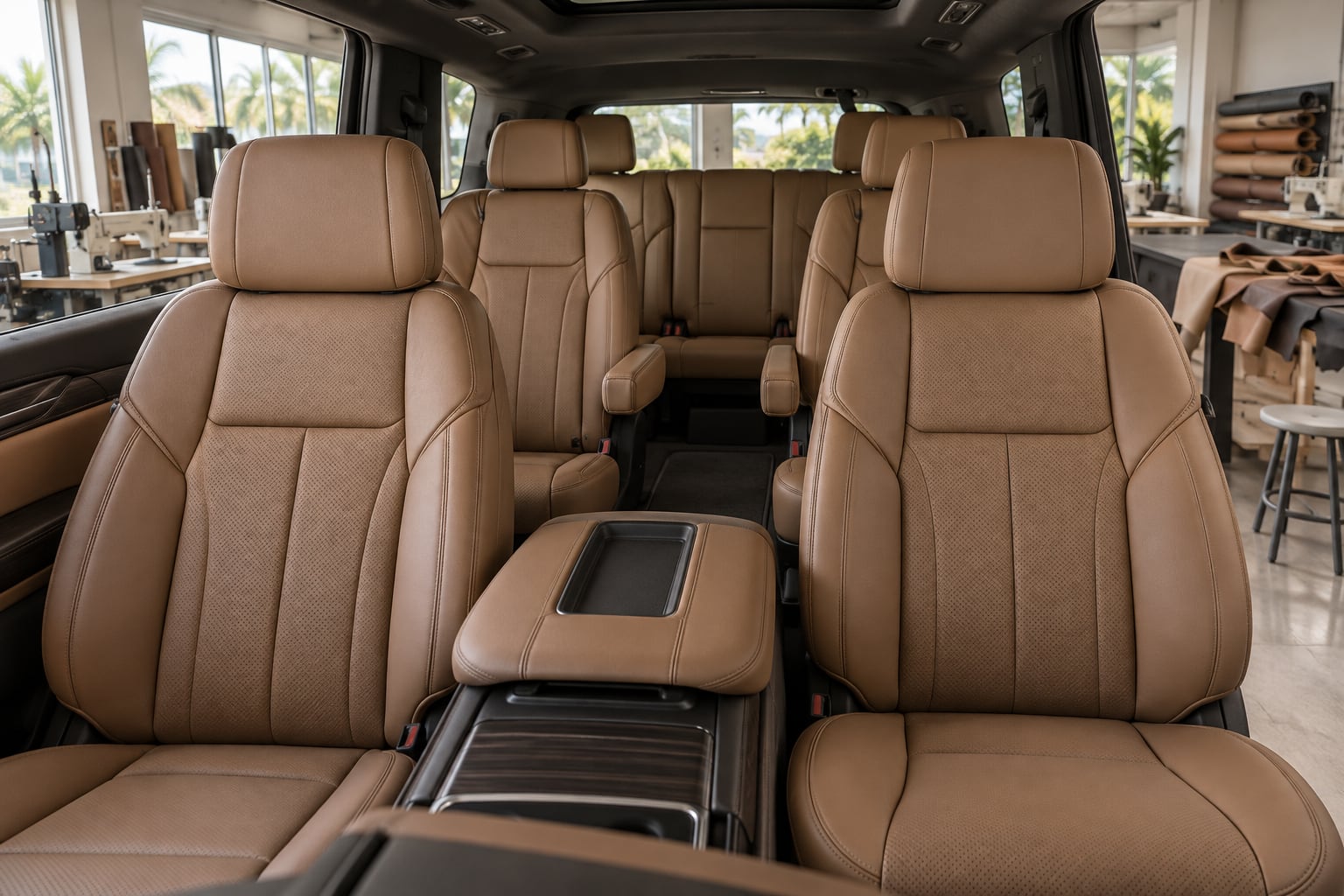 Tan leather seats across a three-row SUV cabin