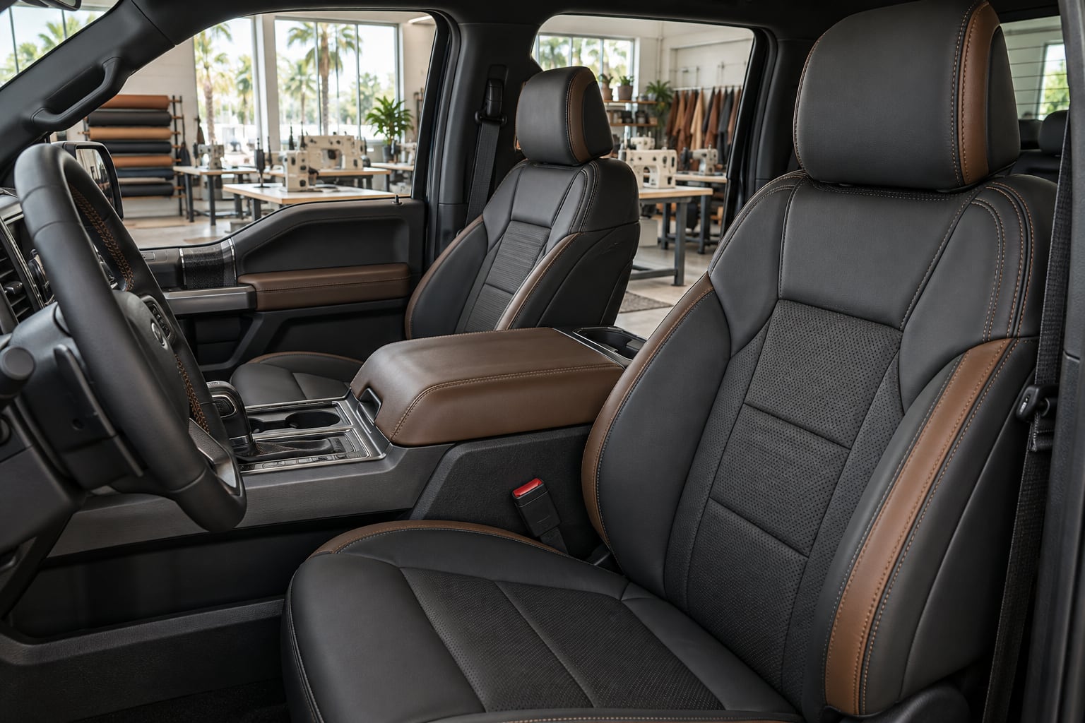 Graphite pickup seats with saddle accents and a broad armrest