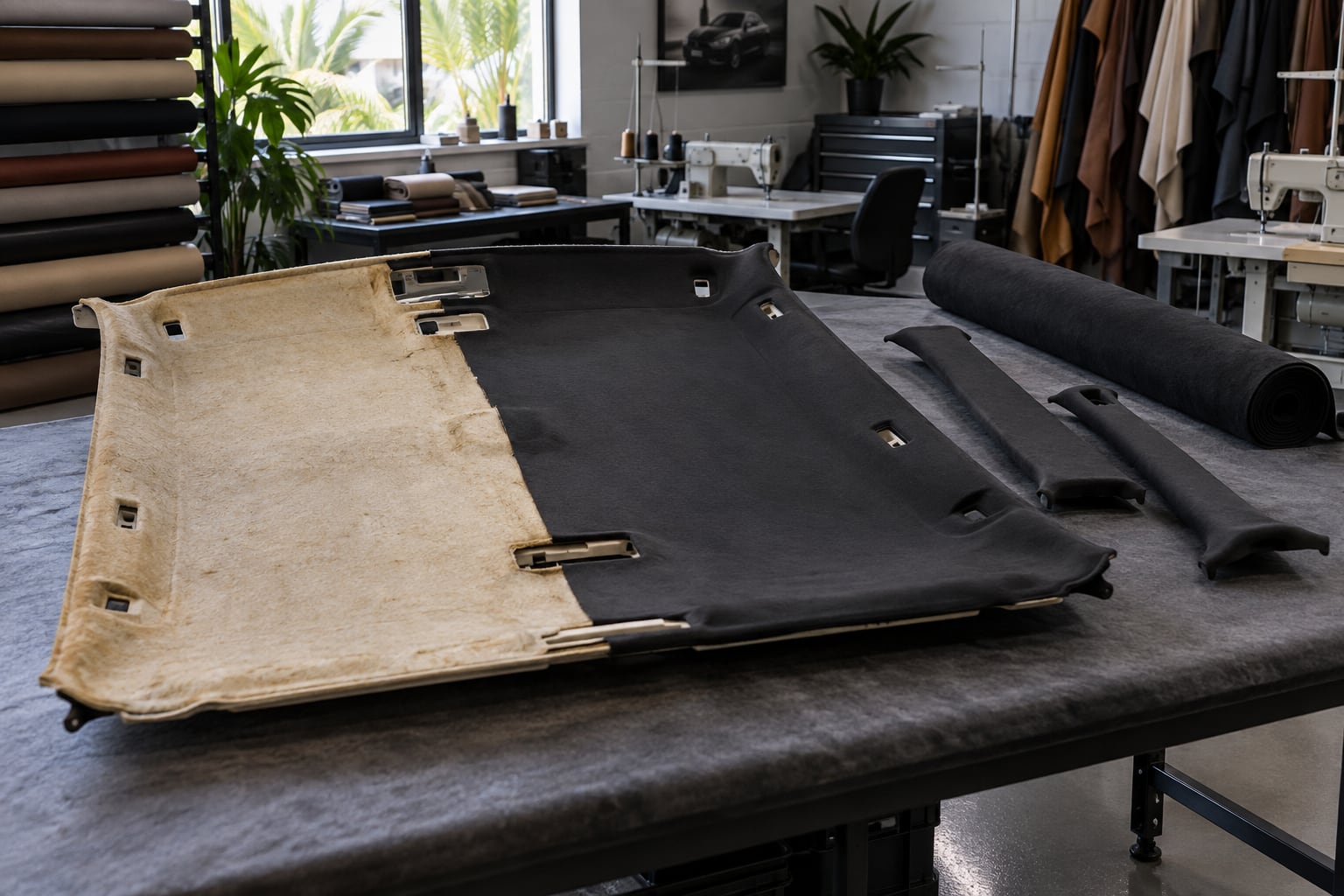 Headliner board with worn foam beside new charcoal upholstery fabric