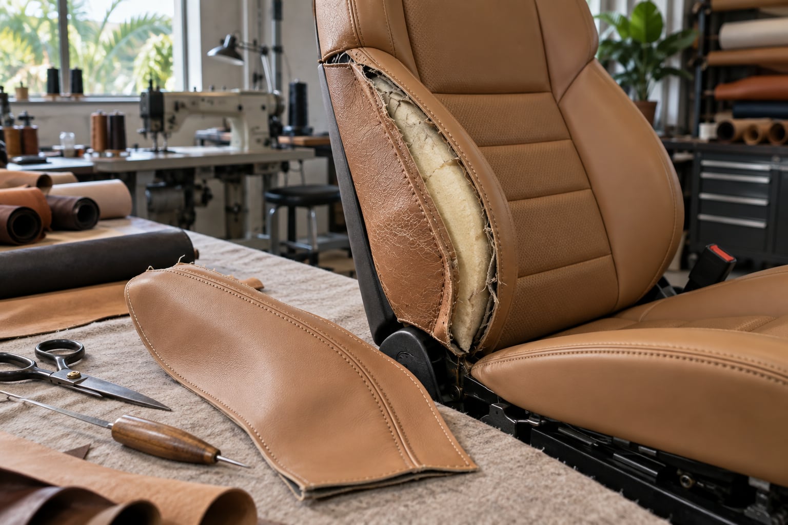 Worn leather seat bolster beside a matching replacement upholstery panel
