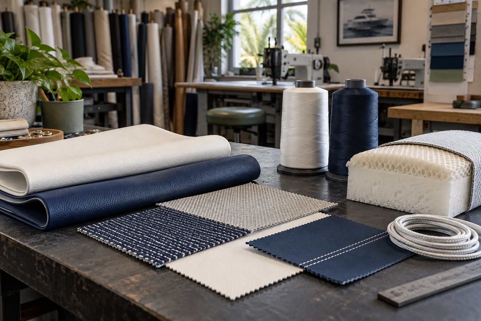 Marine vinyl, woven fabric and foam samples on an upholstery table