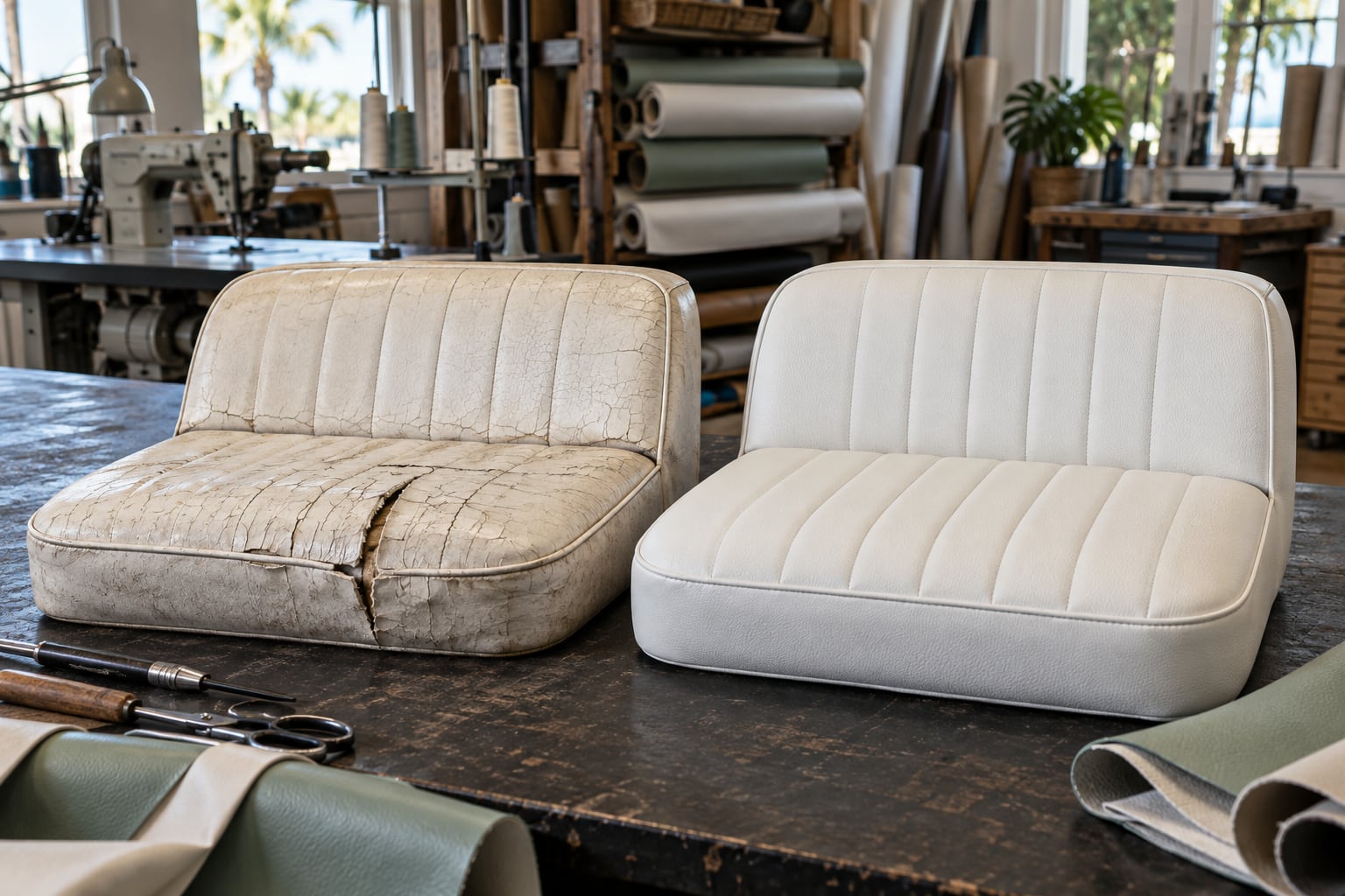 Weathered boat cushion upholstery beside replacement marine vinyl