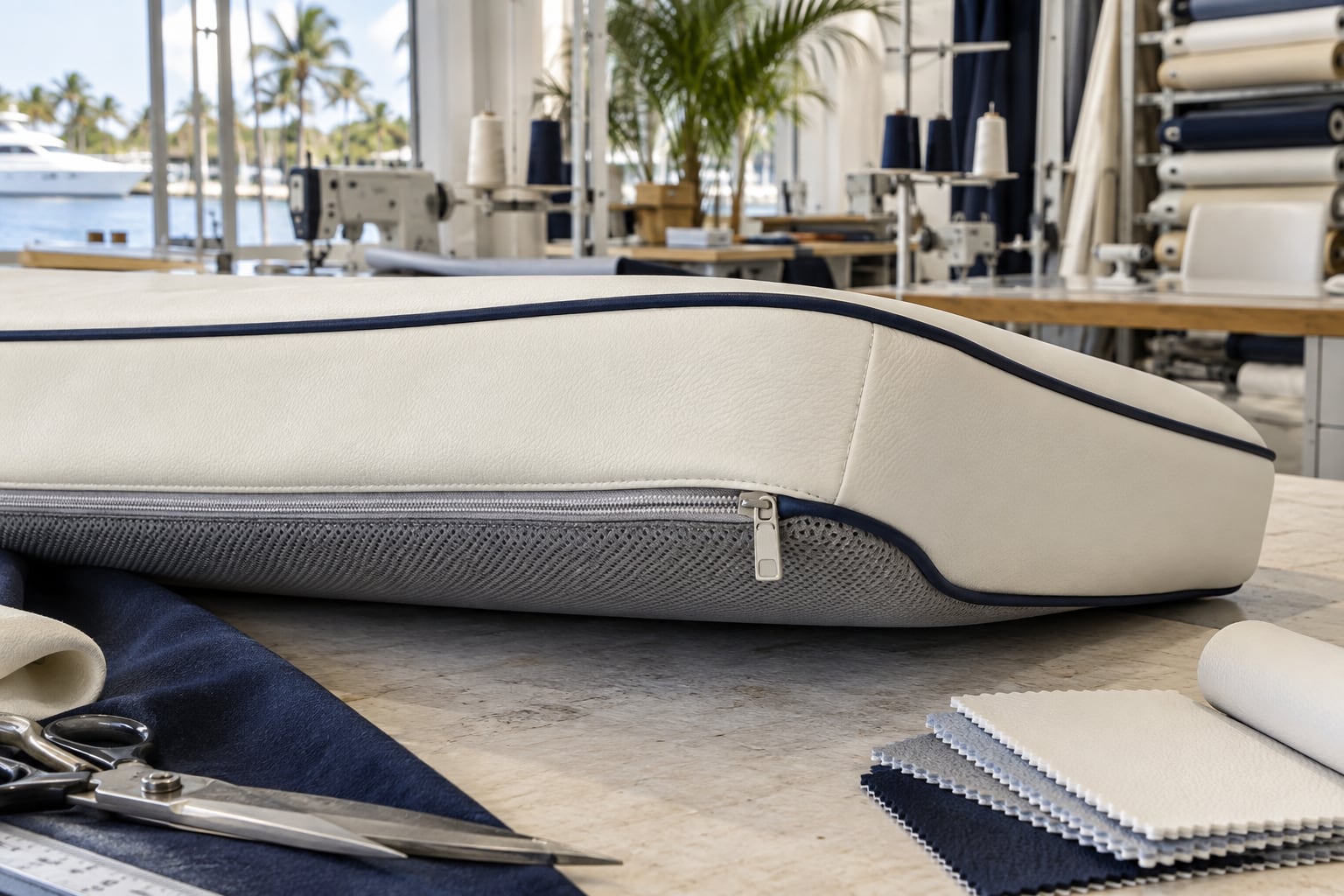 Marine cushion piping, zippered backing and seam detail