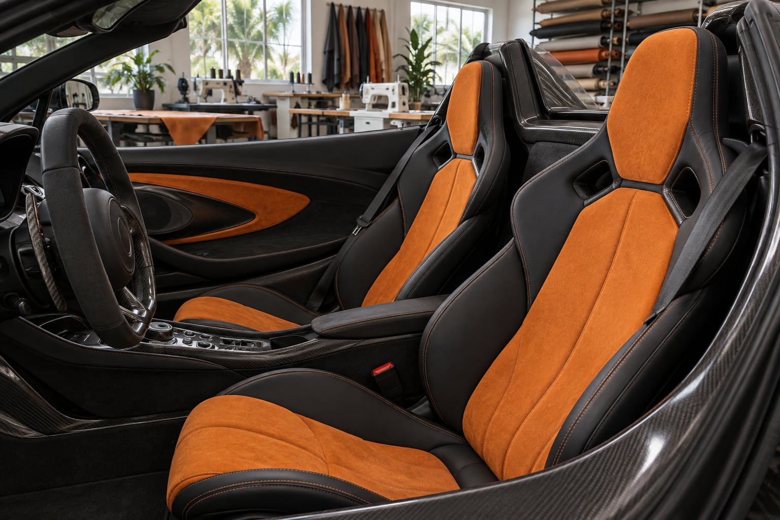 Orange microfibre seat centres with black leather and carbon trim