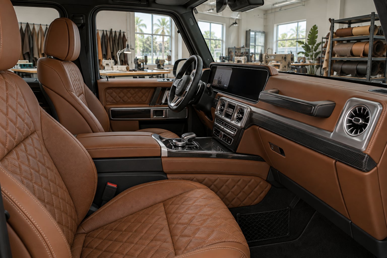 Cognac quilted seats in a G-Class style cabin