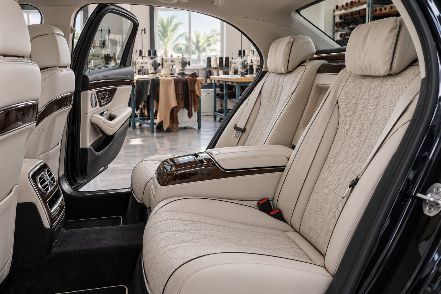 Ivory rear seats with dark piping and wood trim