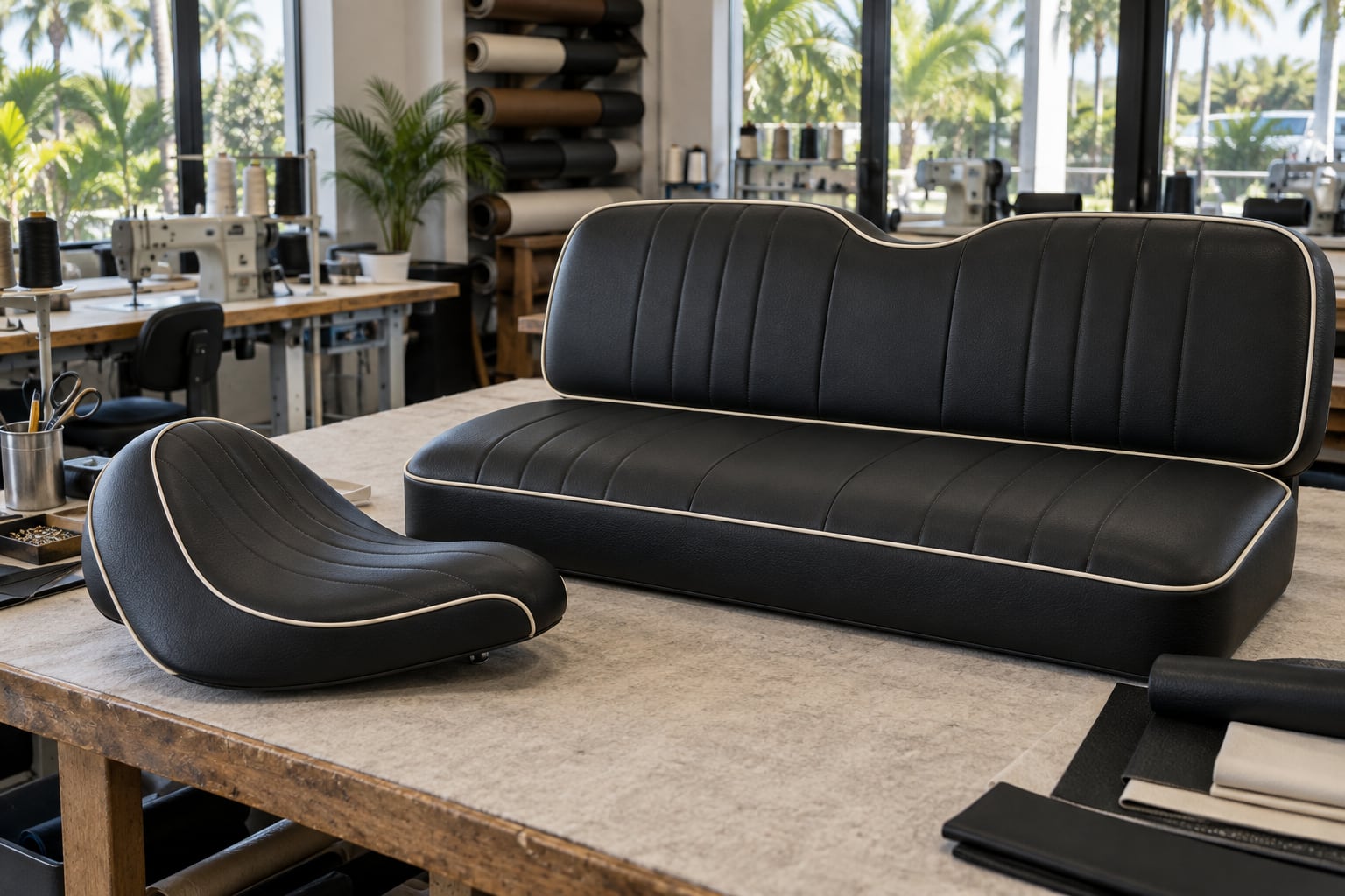 Motorcycle saddle and golf cart cushions with contrast piping