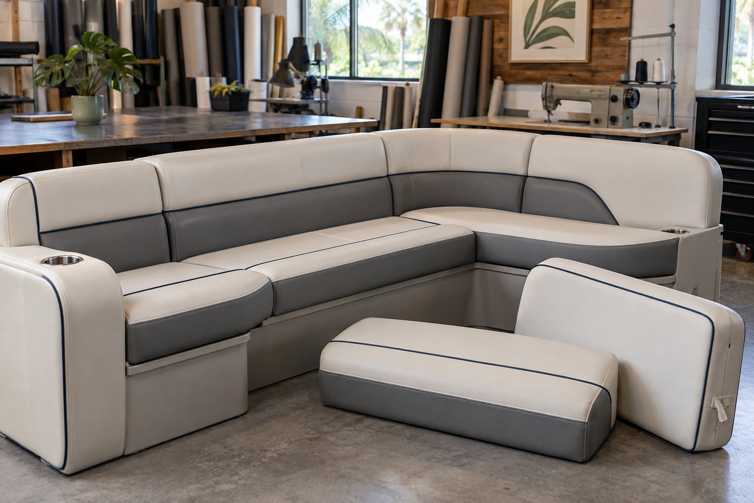 Curved pontoon boat seating with two-tone marine upholstery