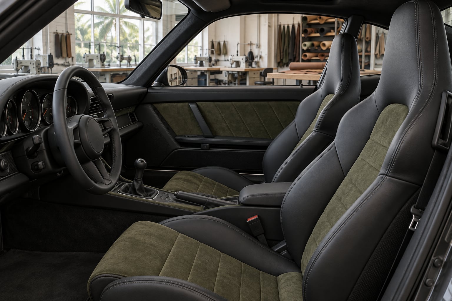 Graphite sports seats with olive microfibre centres