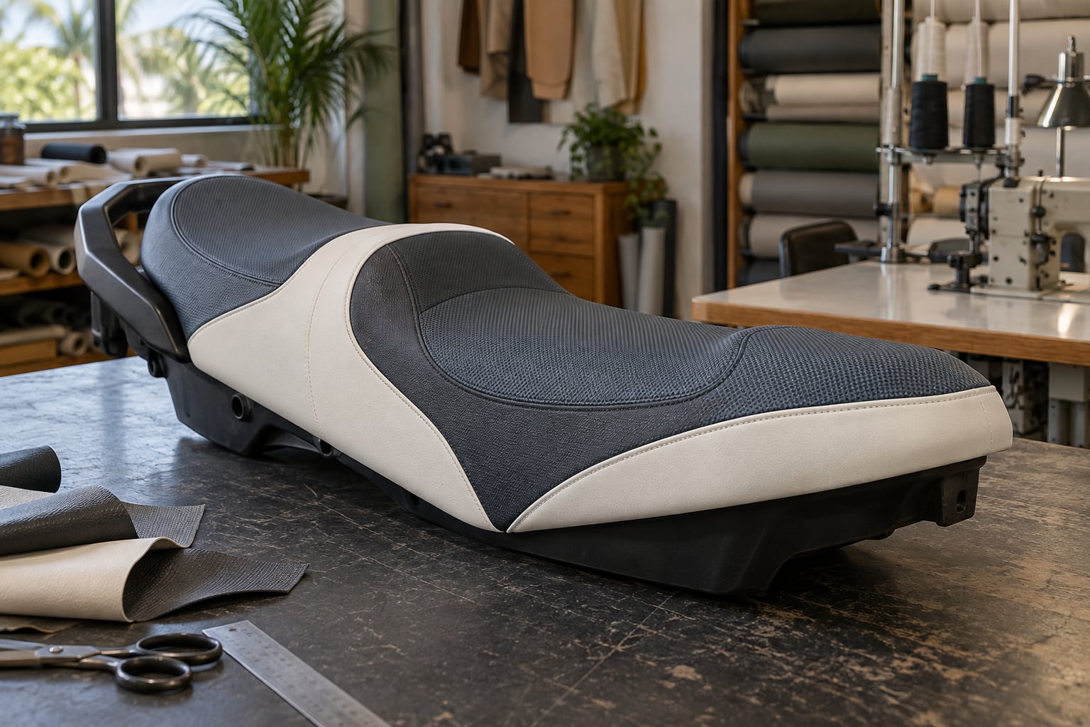Personal watercraft seat with shaped marine upholstery on a workbench