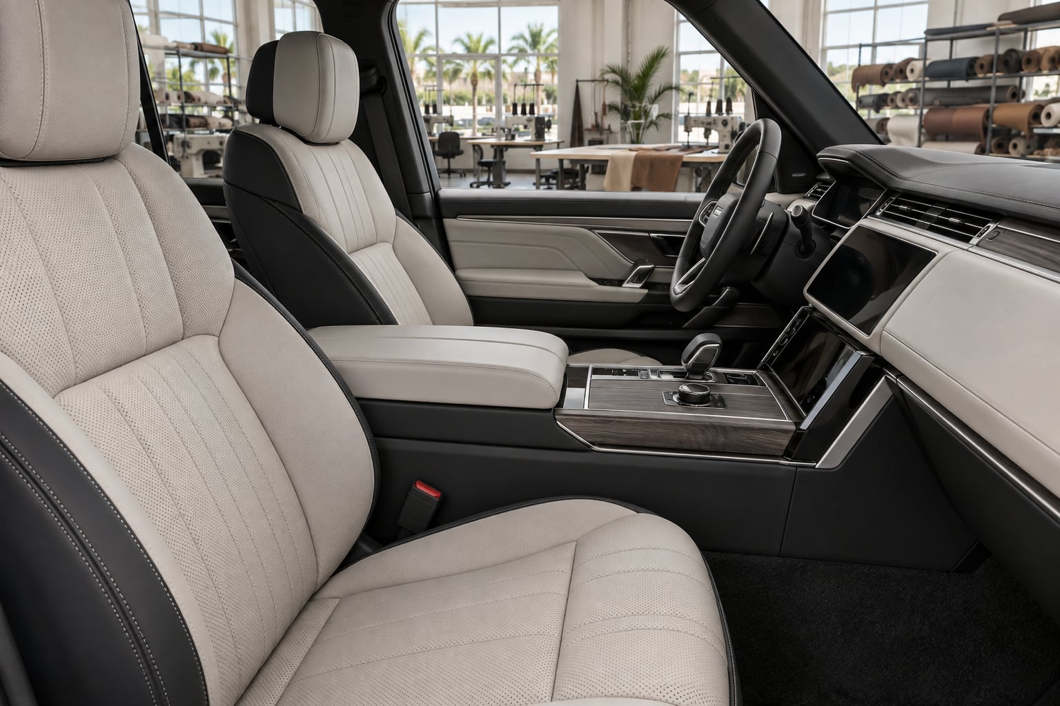 Stone-coloured leather SUV seats with charcoal panels