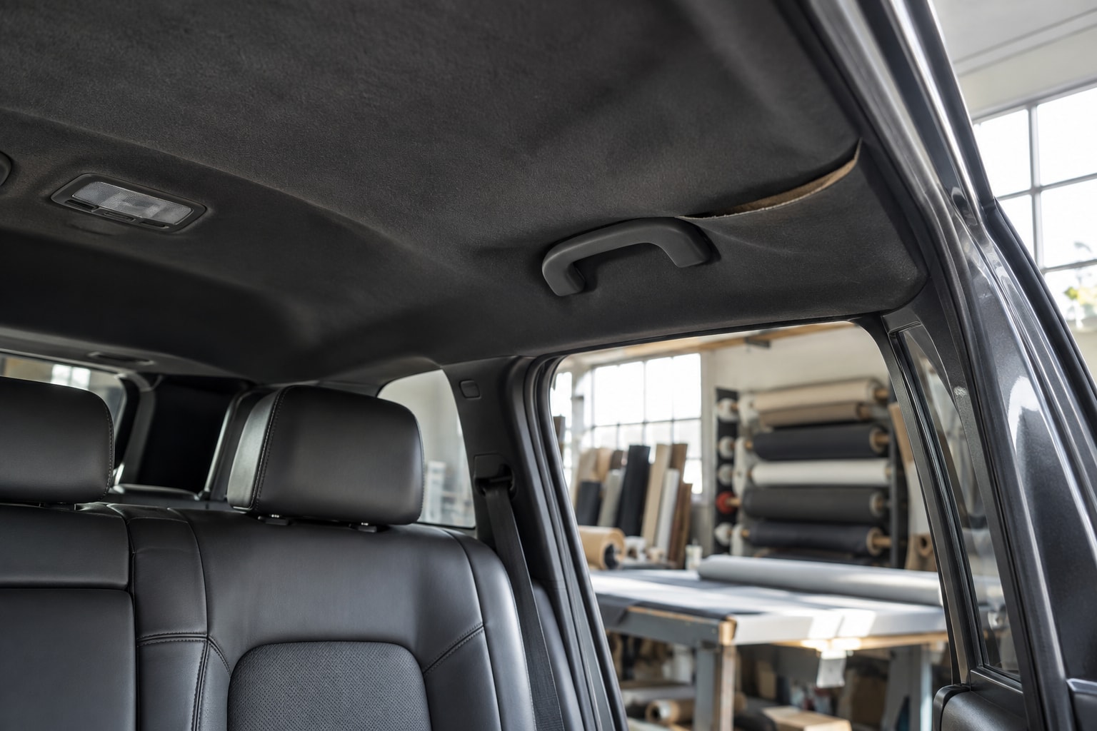 Sagging charcoal SUV headliner before replacement · Motenza, Hollywood FL