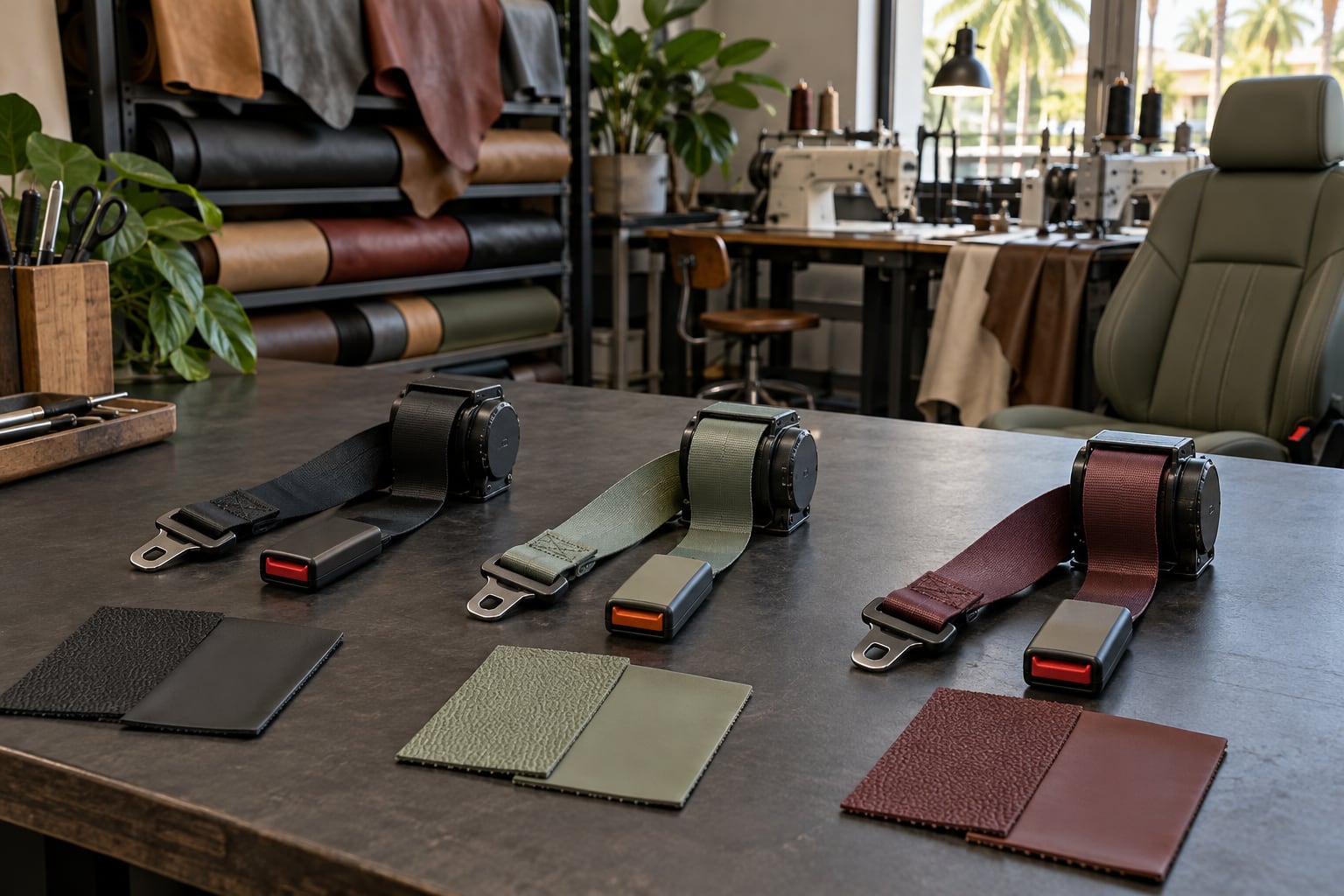 Coloured seat belt webbing samples beside a leather interior colour palette