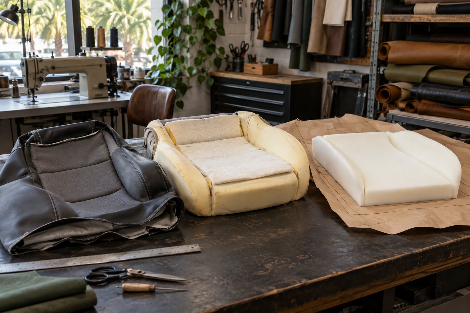 Contoured seat foam and leather upholstery separated on a workbench