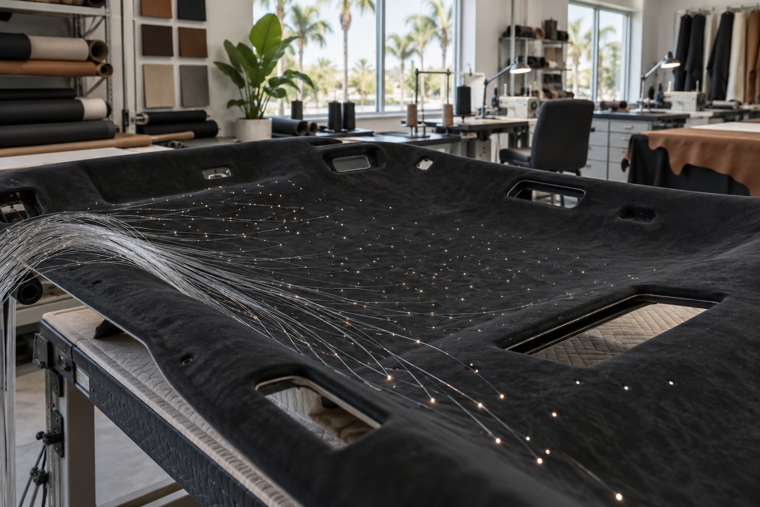 Fibre-optic strands fitted through a dark headliner board