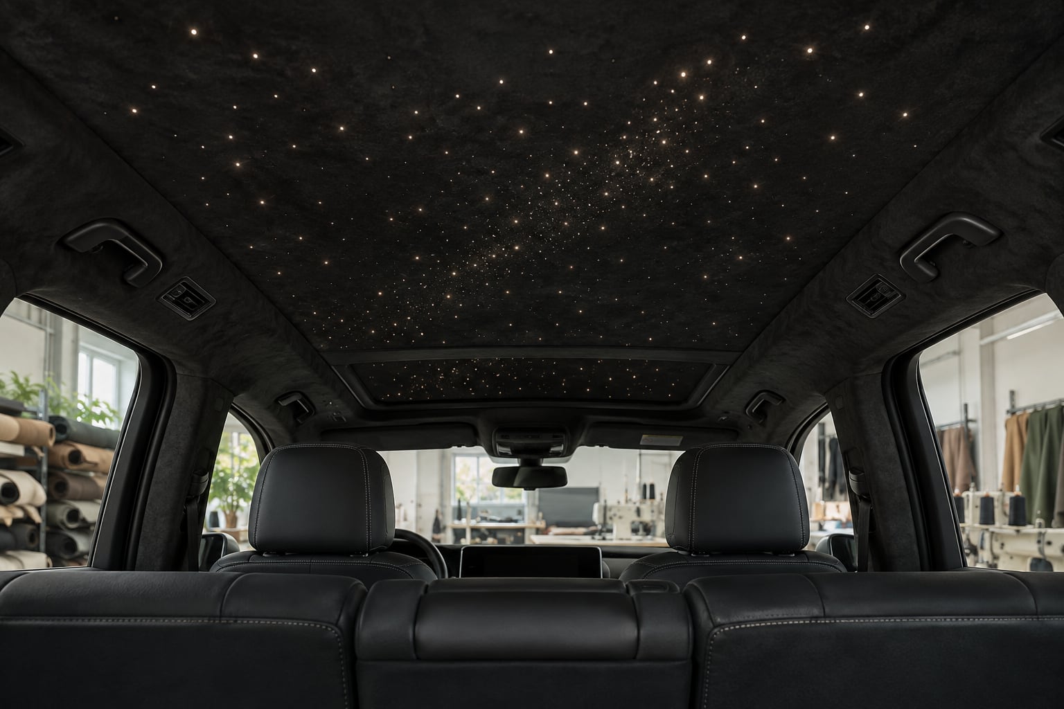 Fibre-optic stars across a dark SUV headliner inside an upholstery workshop
