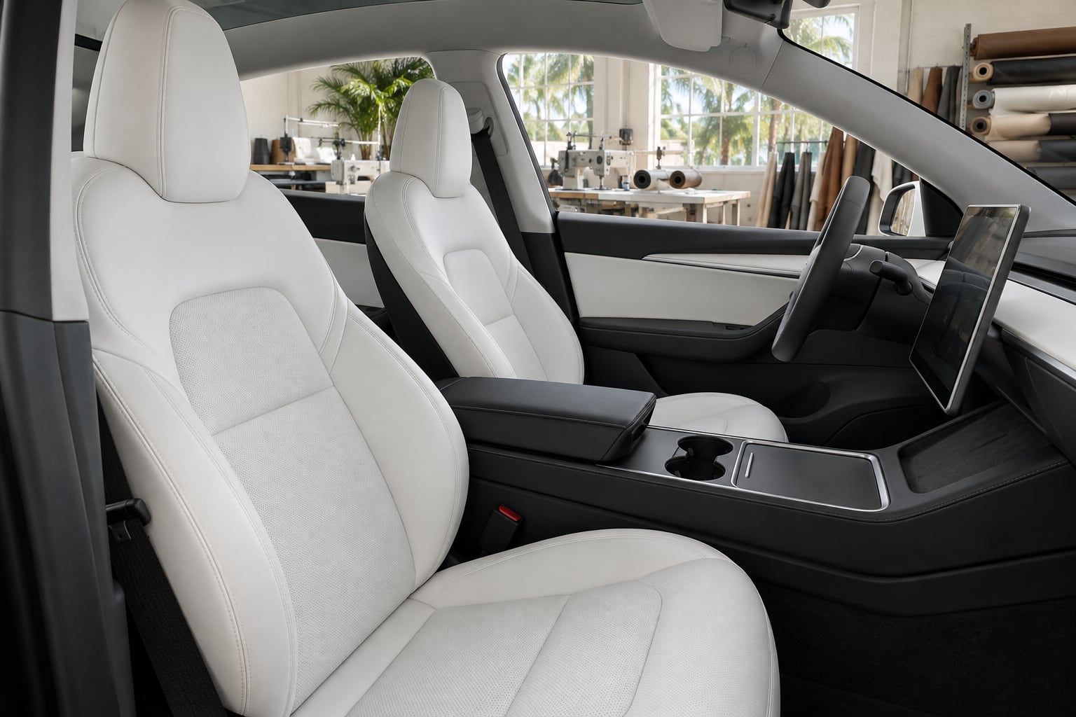 White seats and black trim in a minimalist electric-car interior