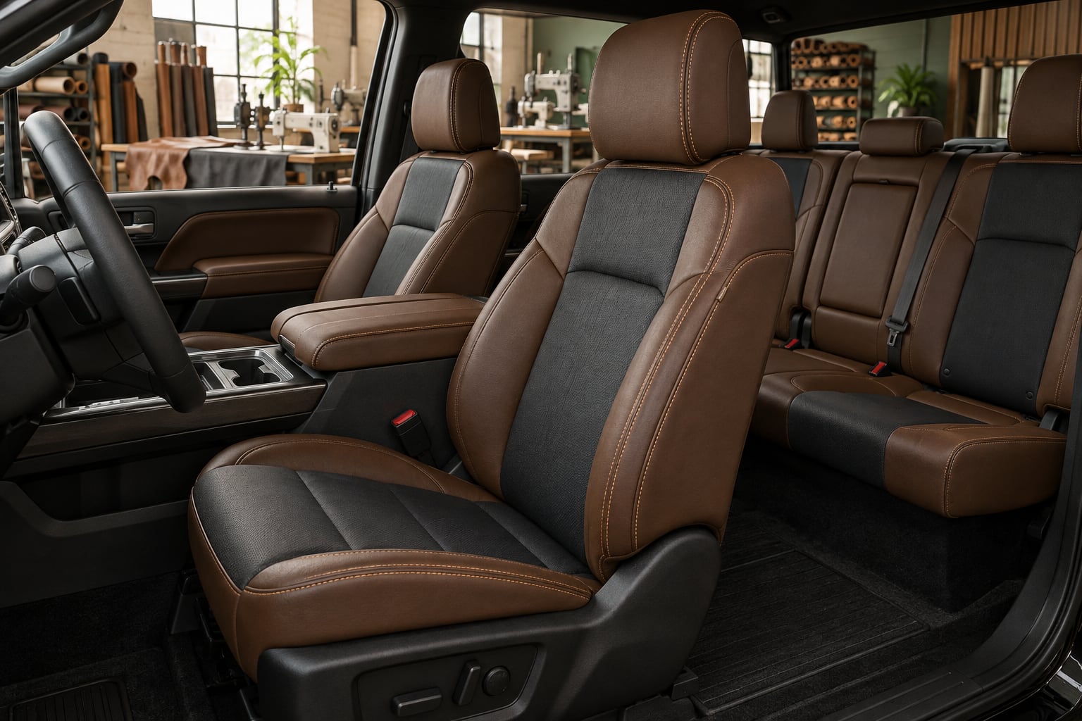 Pickup truck interior with dark leather seats and reinforced-looking bolsters