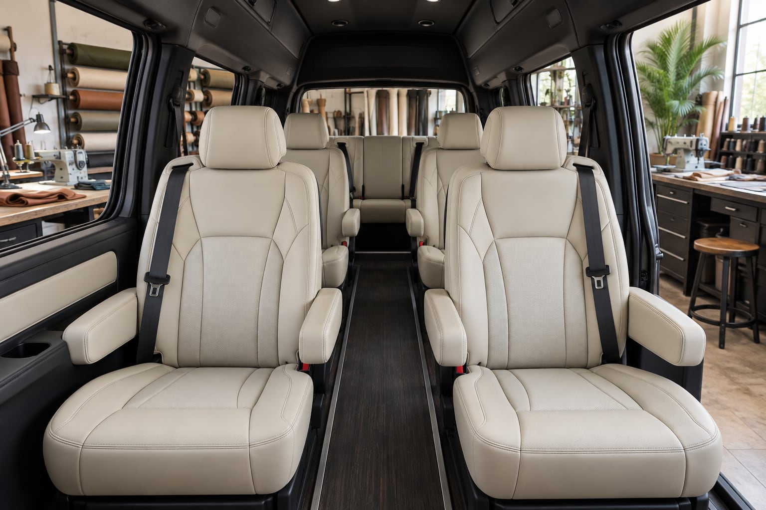 Passenger van cabin with individual upholstered seats and coordinated trim