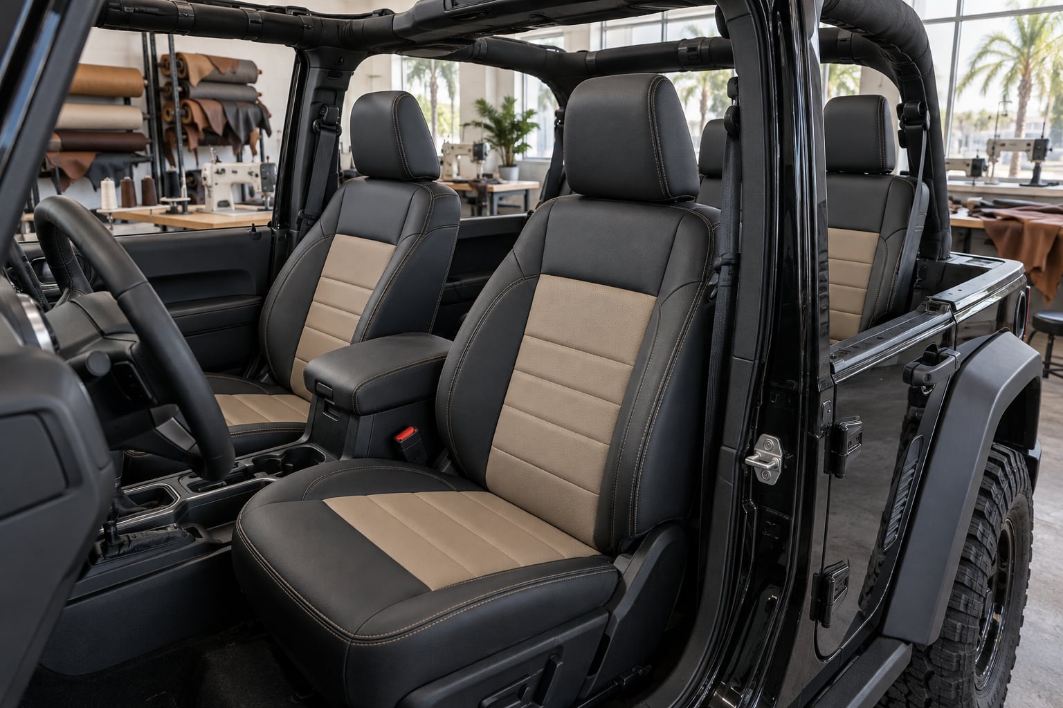 Dark off-road vehicle seats with sand-coloured inserts