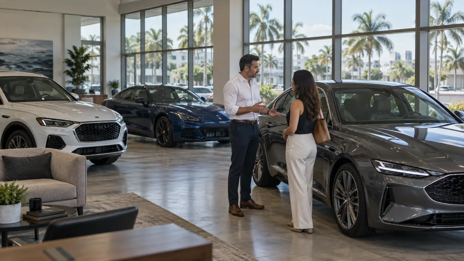 Pre-owned exotic cars for sale near Miami: a customer viewing premium vehicles in a showroom